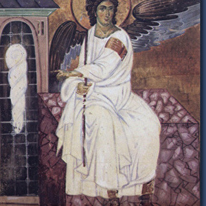 Beli anđeo na Hristovom grobu, freska, XIII vek